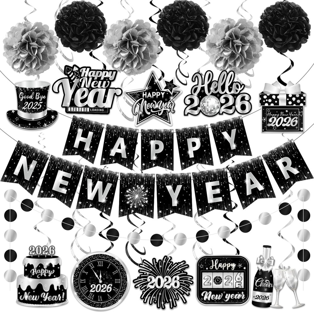 Happy New Year 2026 Silver and Black, NYE 0.5 inches x inches,