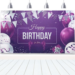 Happy Birthday Backdrop Banner Large Purple Silver and White Balloons Sign Poste