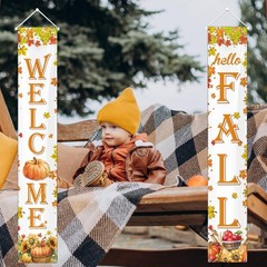 Hello Fall Decorations Pumpkins Maple Leaves Porch Sign Door Banner Gift 12″x72″