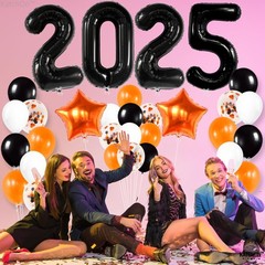 , Black 2025 Balloons Set – Giant 40 Inch, Pack of 34 | Orange and Black Grad…