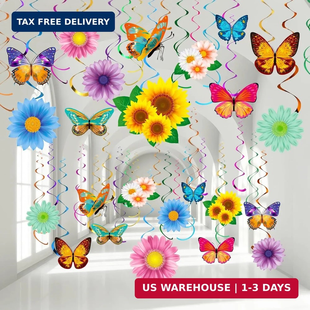 30 Pcs Flowers Butterfly Hanging Swirl Decorations, Spring Summer Mother’s Day S