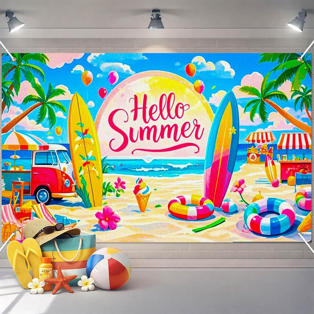 Hello Summer Banner 71X43 Inches Beach Party Decorations Hawaiian Tropical Backd
