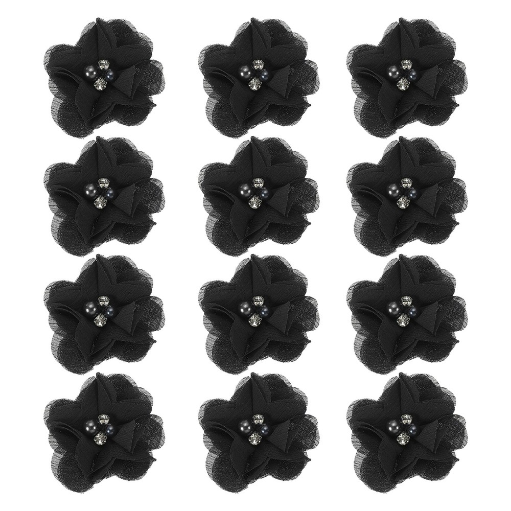 12Pcs 2″ Chiffon Flowers with Rhinestone Pearl Sewing Fabric Flowers, Black