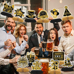 12PCS Happy New Year 2026 Honeycomb Centerpieces – Black Gold NYE Decor