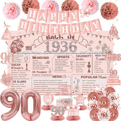 90Th Birthday Party Decorations for Women, Rose Gold Back in 1936 Banner, Rose G