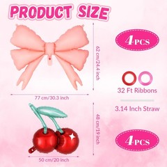 8 Pcs Cherry and Bow Balloon Set, Foil Mylar Bows Party Decorations, 19 Inch …