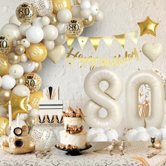 80th Birthday Decorations Kit – White Gold Balloon Arch, Number 80 Foil Balloons