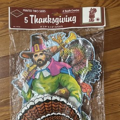 Thanksgiving Autumn 5 Asst Cutouts Decor Turkey Pilgrim 1977 Beistle 2 Side NOS