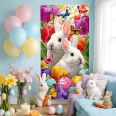 Happy Easter Door Cover Banner 70.87 x 35.43 Inch, Spring Easter Bunny Eggs W…