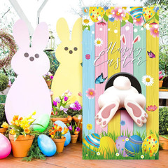 73 X 36 Inch Happy Easter Banner Door Cover, Colorful Bunny Butt and Egg Themed