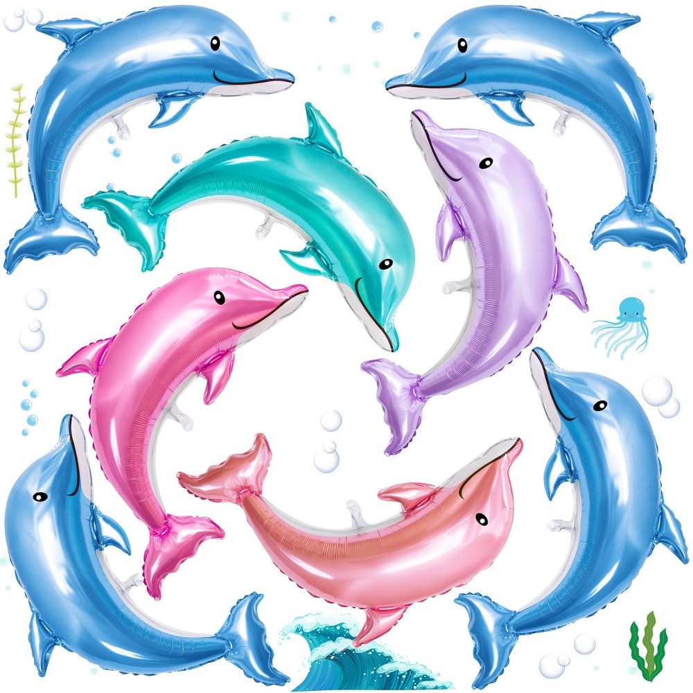 8PCS Dolphin Balloons Foil, 45IN Large Dolphin Balloons for Party Decorations