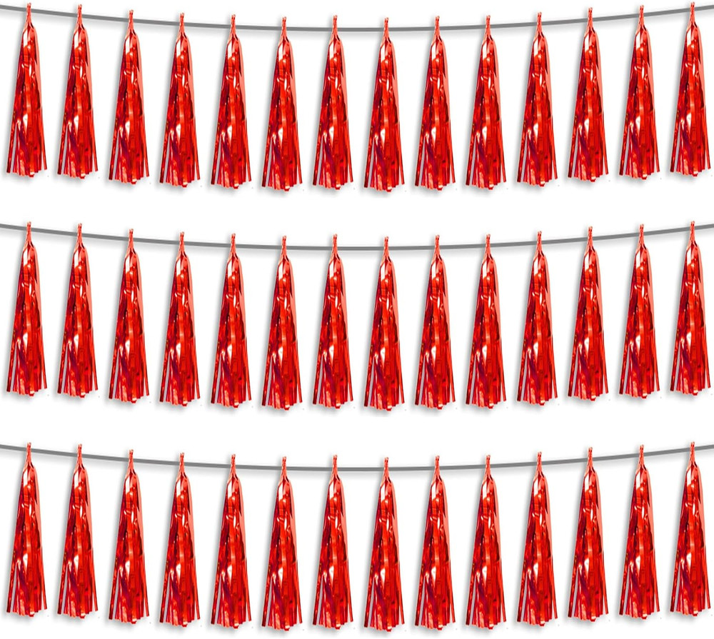 3P Red Foil Fringe Metallic Tassel Streamers Banner Tassel Garland for Parade Fl