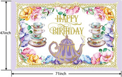 Tea Happy Birthday Banner Backdrop Background Photo Booth Props Floral Teapot Te