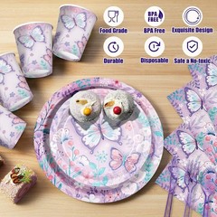 168 Pcs Butterfly birthday Decorations Purple Birthday Tableware Serves 24 guest