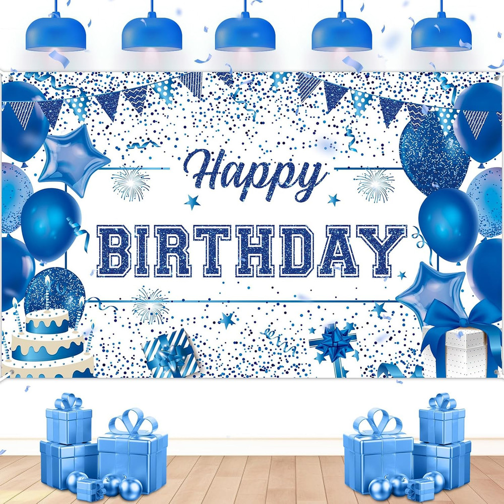 Blue Birthday Party Decorations Large Blue and White Birthday Banner for Men
