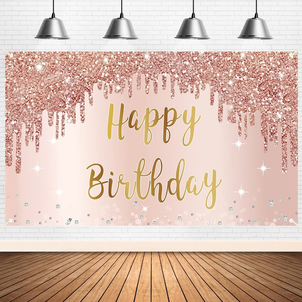 Rose Gold Happy Birthday Banner & Backdrop Decorations for Girls & Women, Pin…