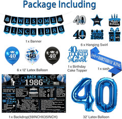 40Th Birthday Decorations for Men, 20PCS Black Blue Back in 1986 Birthday Party