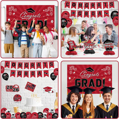 Graduation Decorations 2026 Set – Red Themed Congrats Grad Banner, Backdrop, Han