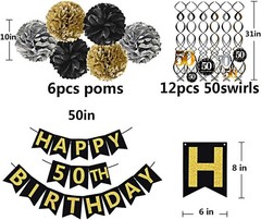 Classy 50th Birthday Celebrations: Black & Gold Banner & Hanging Swirls Ensemble