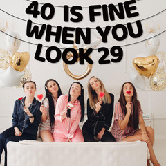 40 Is Fine When You Look 29 Banner, Pre-Strung Glitter Black Cardboard 40Th Birt
