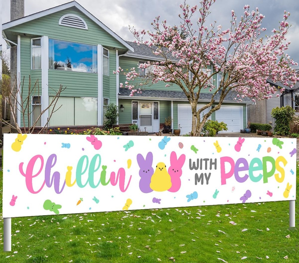 Happy Easter Decorations Chillin with My Bunny Fence Banner Yard Sign 9.8 x 2 ft
