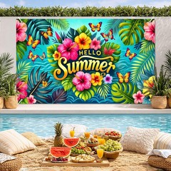 HOMETITUTE Hello Summer Banner 71 x 43 inch Hawaiian Beach#005