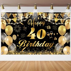Waylipun Happy 40th Birthday Backdrop Banner – Large 180 x 110 cm, Black Gold