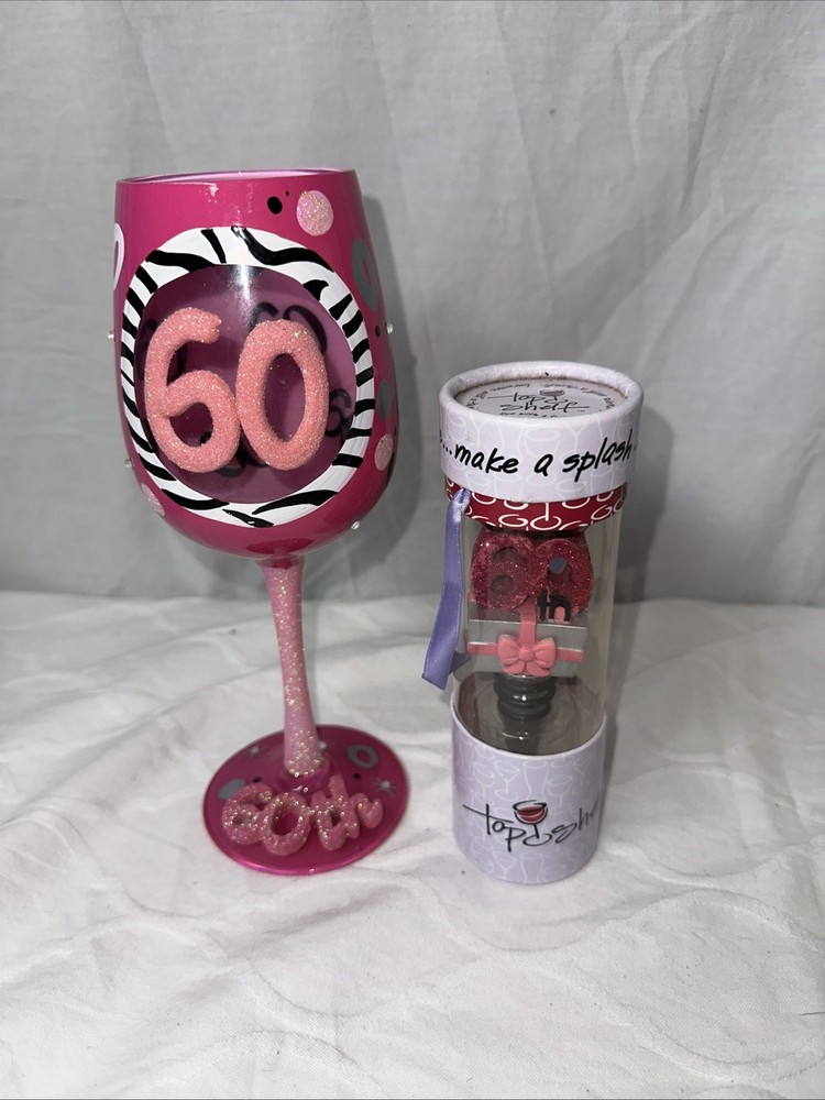 Top Shelf Pink 60th Birthday Wine Glass And Wine Stopper Set