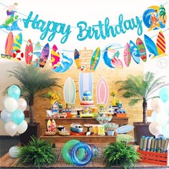 2Pcs Summer Surfing Happy Birthday Banners Blue Glitter Summer Surfing Surfbo…