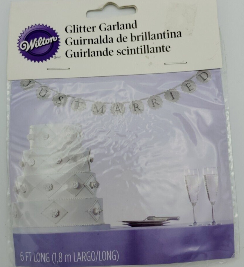 «Just Married» Banner 6ft Wilton Silver Glitter Wedding Party Ribbon Pre-Strung