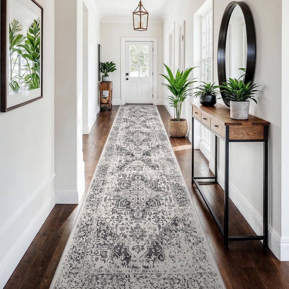 3×15 Washable Hallway Runner Rug – Vintage Kitchen 3×15, Distressed Grey