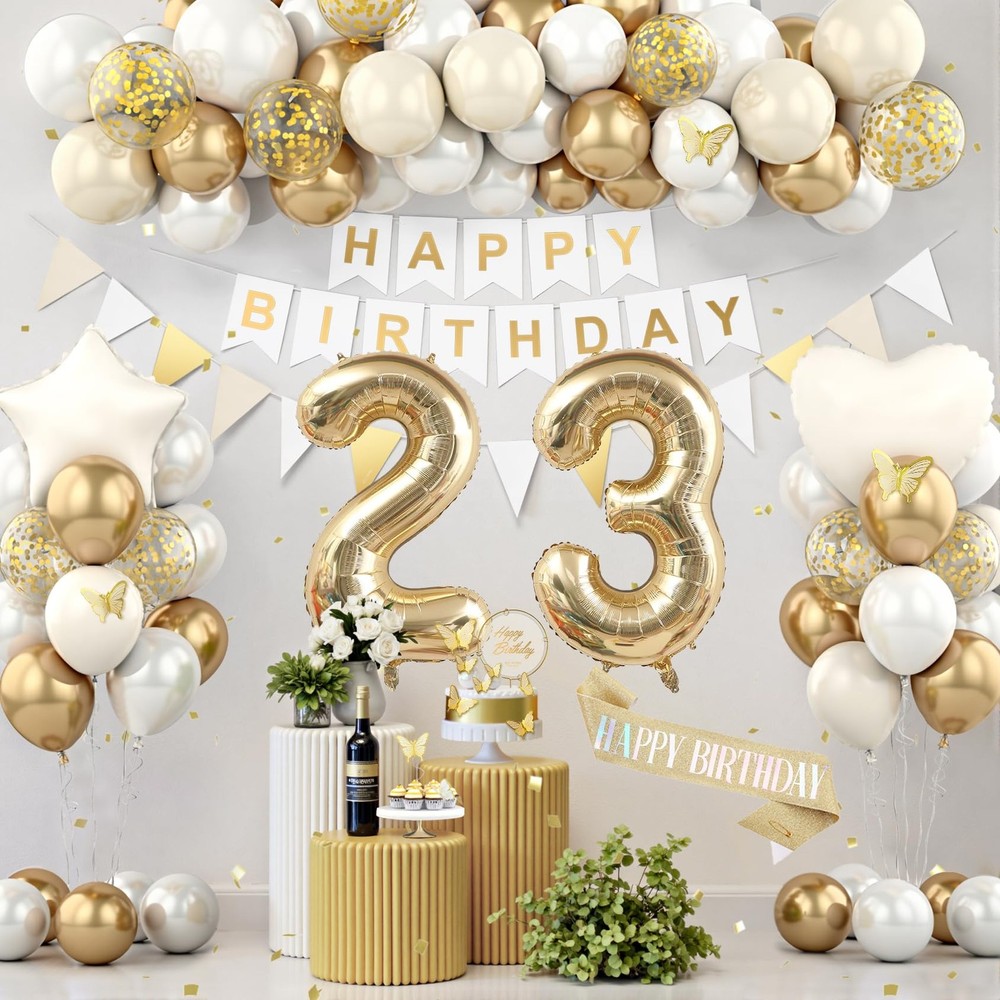 23rd Birthday Decorations Set – 10 White Cream, 10 Gold Balloons, Cake Topper