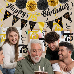 75Th Birthday Decorations Kit for Men Women, Black Gold Happy 75Th Birthday Bann