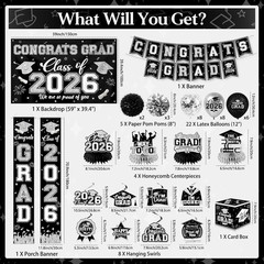 Black and Silver Graduation Decorations 2026 Set, All-In-1 Kit with Congrats Gra