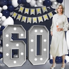 Large 3ft Silver Light Up Number 60 – 60th Birthday Decorations, Party Decor, An