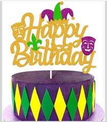 1Pc Mardi Gras Happy Birthday Cake Topper Glitter Masquerade Theme Fat Tuesday