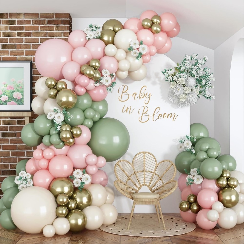 134pc Baby in Bloom Balloon Arch Kit Sage Green Pastel Pink Boho Baby Shower Dec