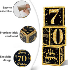 70th Birthday Decorations Boxes for Men- 3PCS Black Gold Happy 70th Birthday Bal