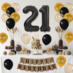 21st Cheetah Decorations,Black Gold Leopard Balloons Set with Happy Banner Nu…