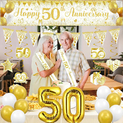 50Th Wedding Anniversary Decorations, White Gold Happy 50Th Anniversary Banner H