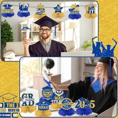 12Pcs Blue and Gold Graduation Decorations Hoenycomb Centerpieces 2025 Glitte…