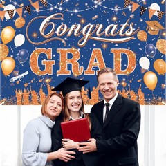Blue Orange Graduation Banner 2026 – Congrats Grad Decoration for High School &