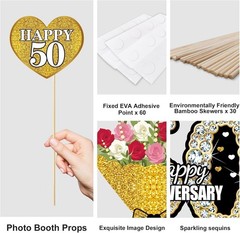 30Pcs Photo Booth Props Black & Gold 50th Anniversary Decorations Happy 50th