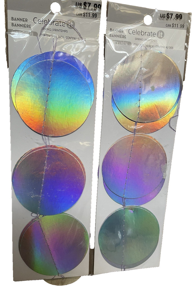 Silver Circle Banners Lot of 2 NIP Irridescent 6 ft ea Decoration Rainbow Celebr