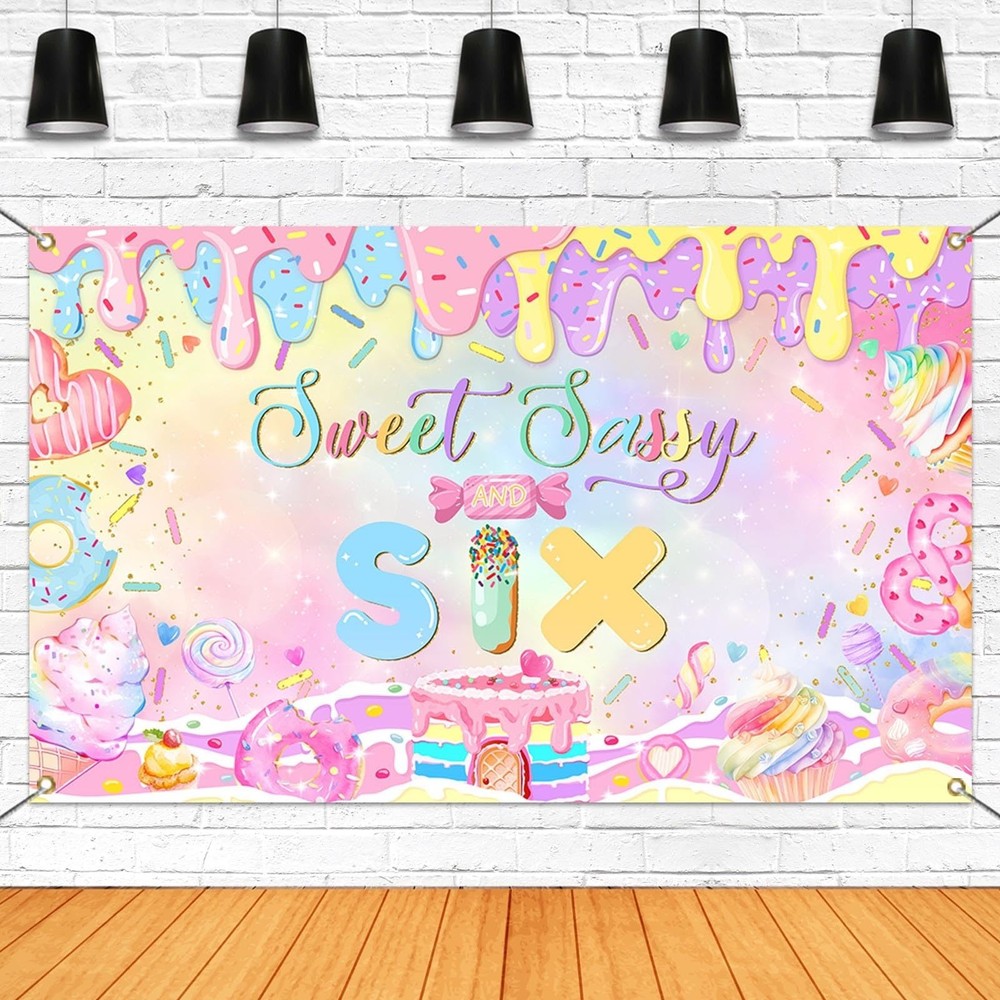 Mocsicka Donut 6th Birthday Banner Backdrop Sweet Sassy and Six Birthday Deco…