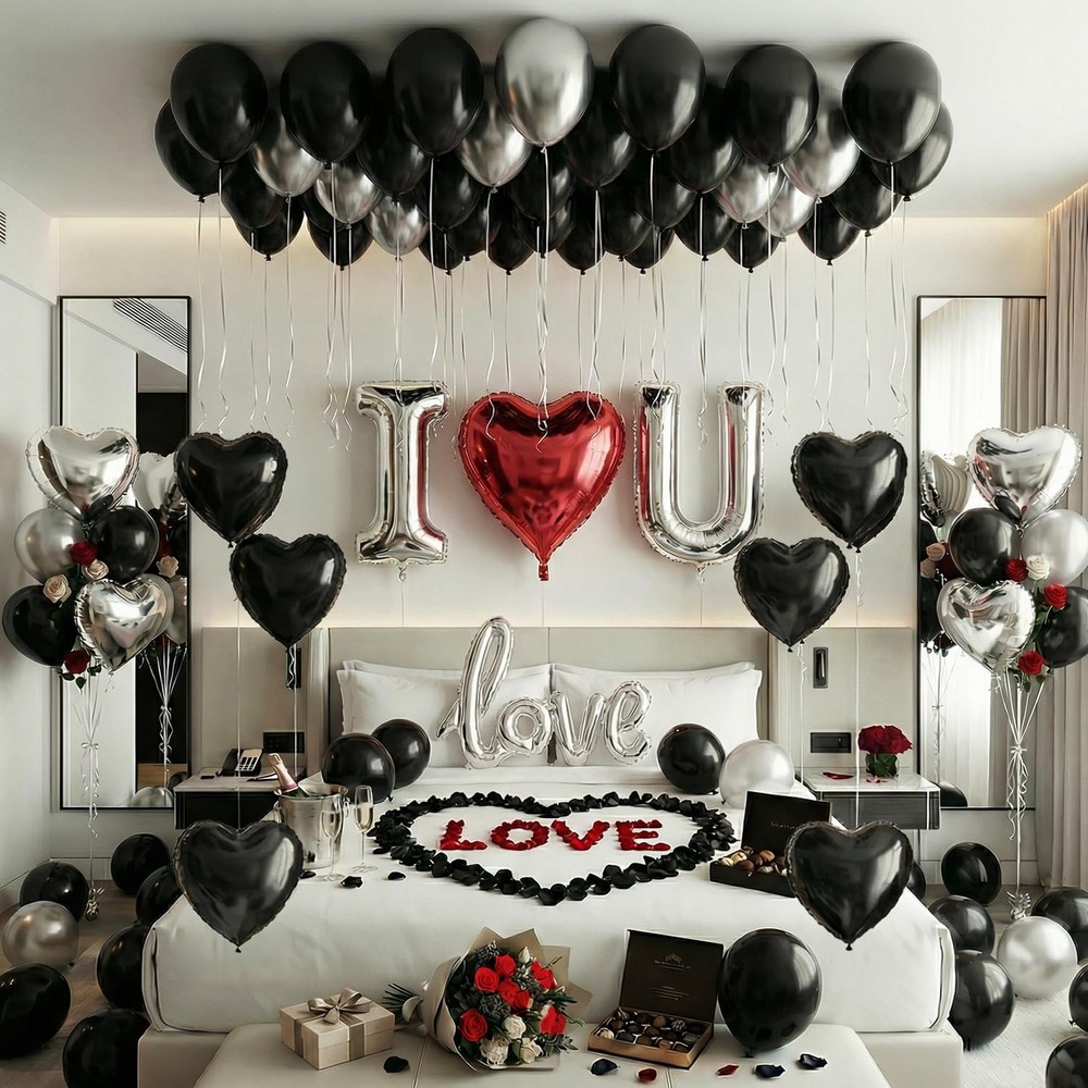 Black Silver Romantic Special Night Decorations with I Love You and Heart Bal…
