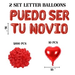 2 Set Red PUEDO SER TU NOVIO Balloons, 1200 Rose Petals, 30pcs Heart Balloons