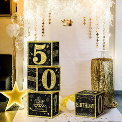 50Th Birthday Decorations for Men, Black Gold Happy 50Th Birthday Balloon Boxes,