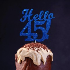 Hello 45 Cake Toppers Blue Glitter Happy 45th Birthday Party Decorations