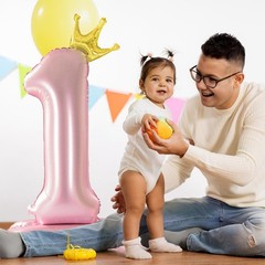 42 Inch Crown Pink Number Balloon, Number 1 Balloon with Base for Girls 1th P…